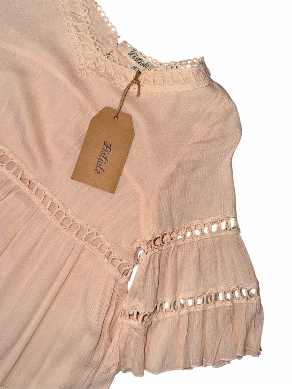 LISTICLE Blush Pink Lace-Trim Dress with Bell Sleeves - Picture 2 of 8